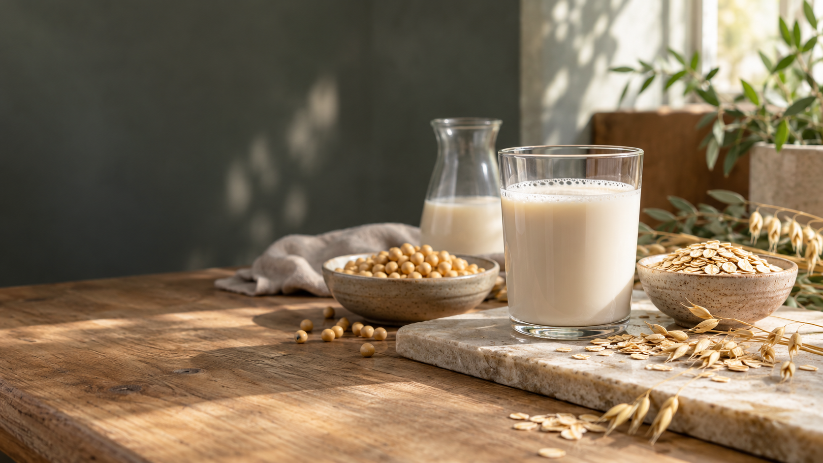 Oat beverage, grains and plant ingredients on a food-development bench